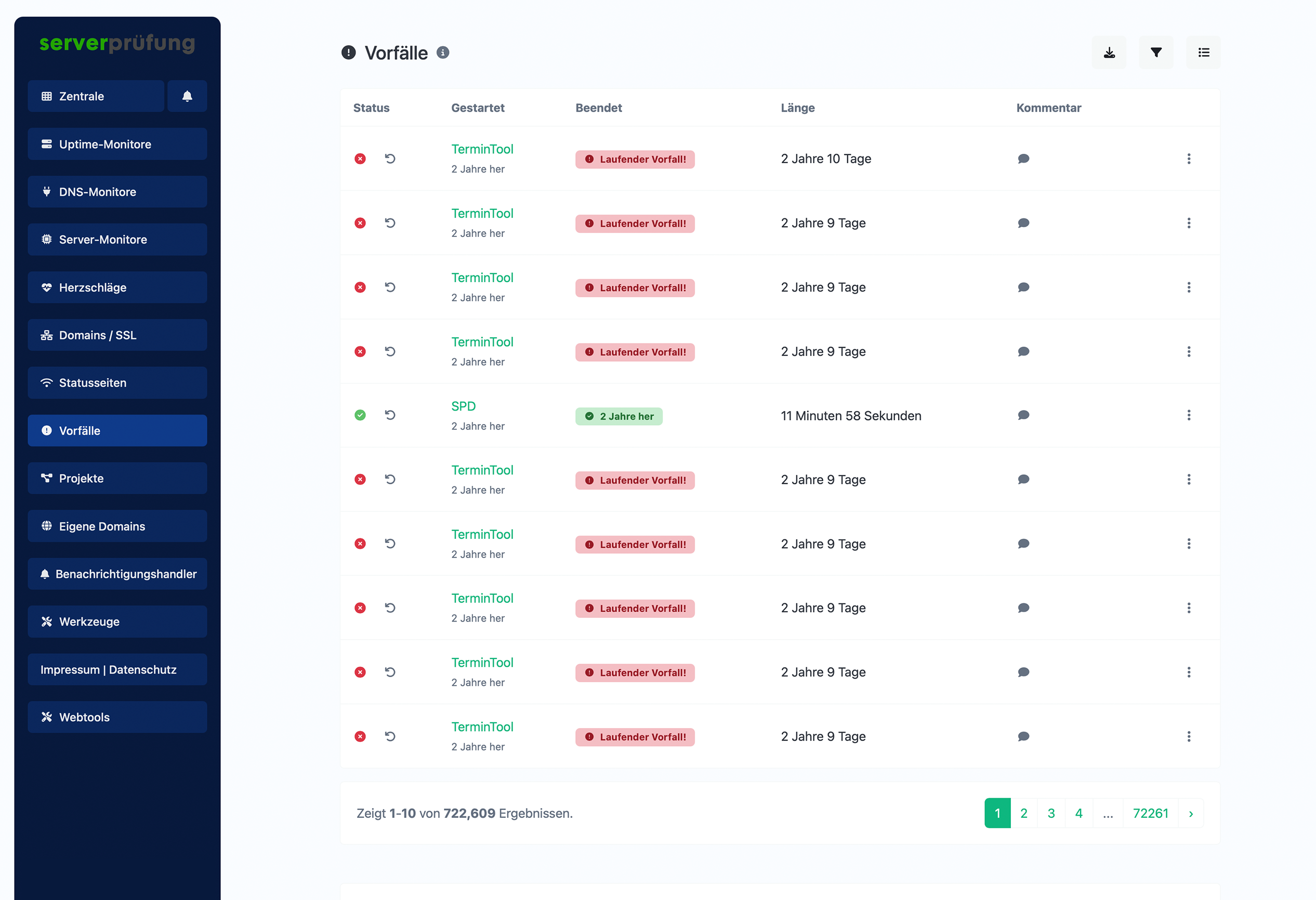 Screenshot der App-Monitor-Vorfälle-Seite